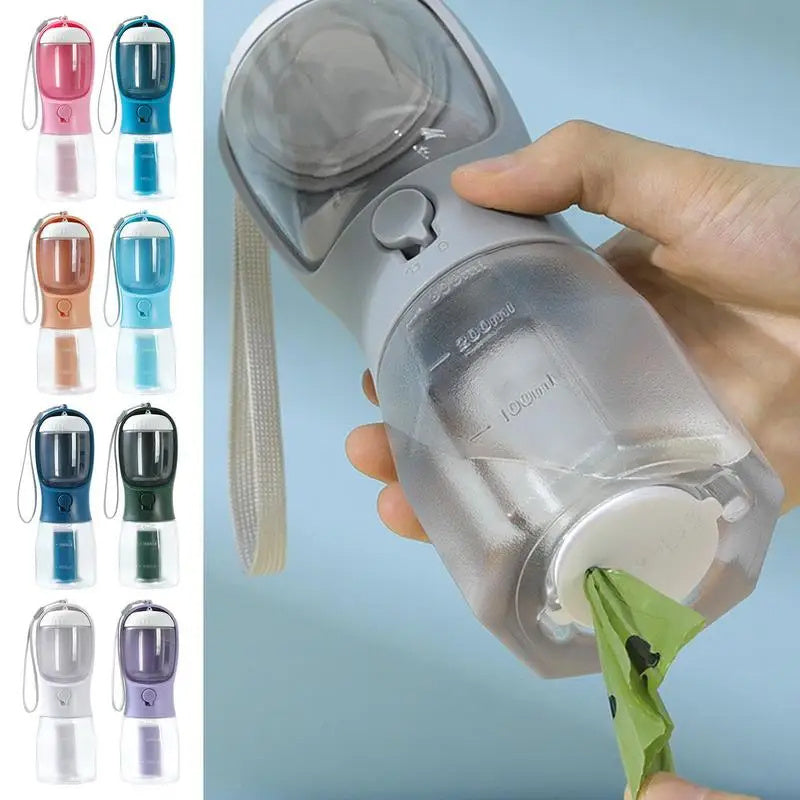 3-in-1 Portable Dog Water Bottle – Travel Pet Cup with Food Container & Waste Bag Dispenser