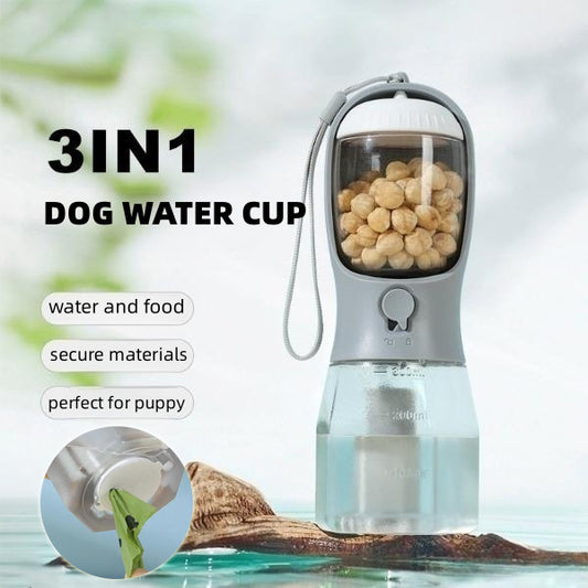 3-in-1 Portable Dog Water Bottle – Travel Pet Cup with Food Container & Waste Bag Dispenser