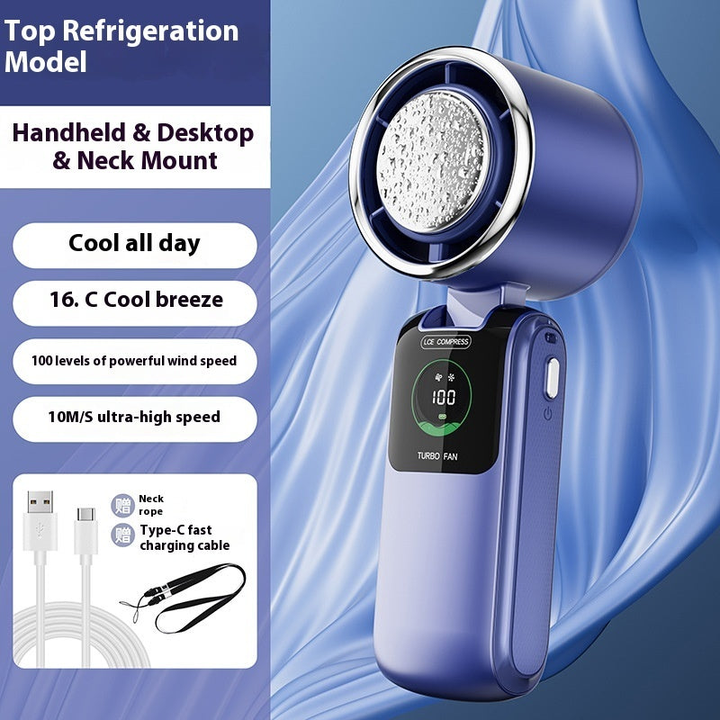 High-Speed Handheld Electric Fan – Foldable, Adjustable Mini Ice Fan for Outdoor & Neck Hanging Use