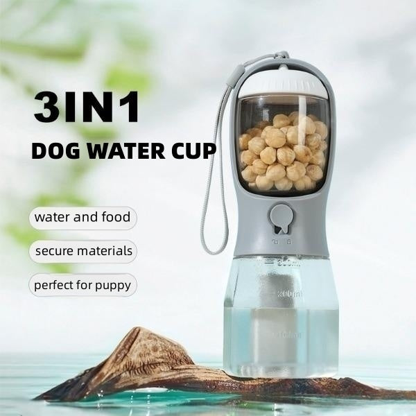 3-in-1 Portable Dog Water Bottle – Travel Pet Cup with Food Container & Waste Bag Dispenser