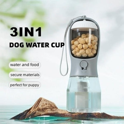 3-in-1 Portable Dog Water Bottle – Travel Pet Cup with Food Container & Waste Bag Dispenser